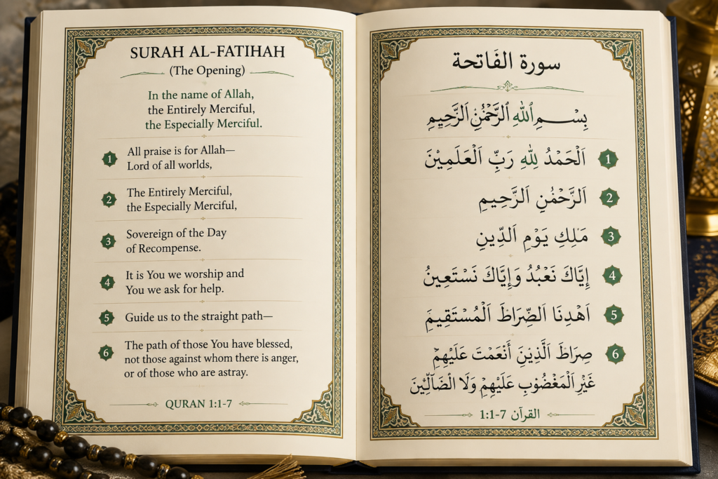 Surah Al-Fatihah Explained: Meaning, Tafsir, Translation & Lessons Surah Al-Fatihah in Arabic with English translation